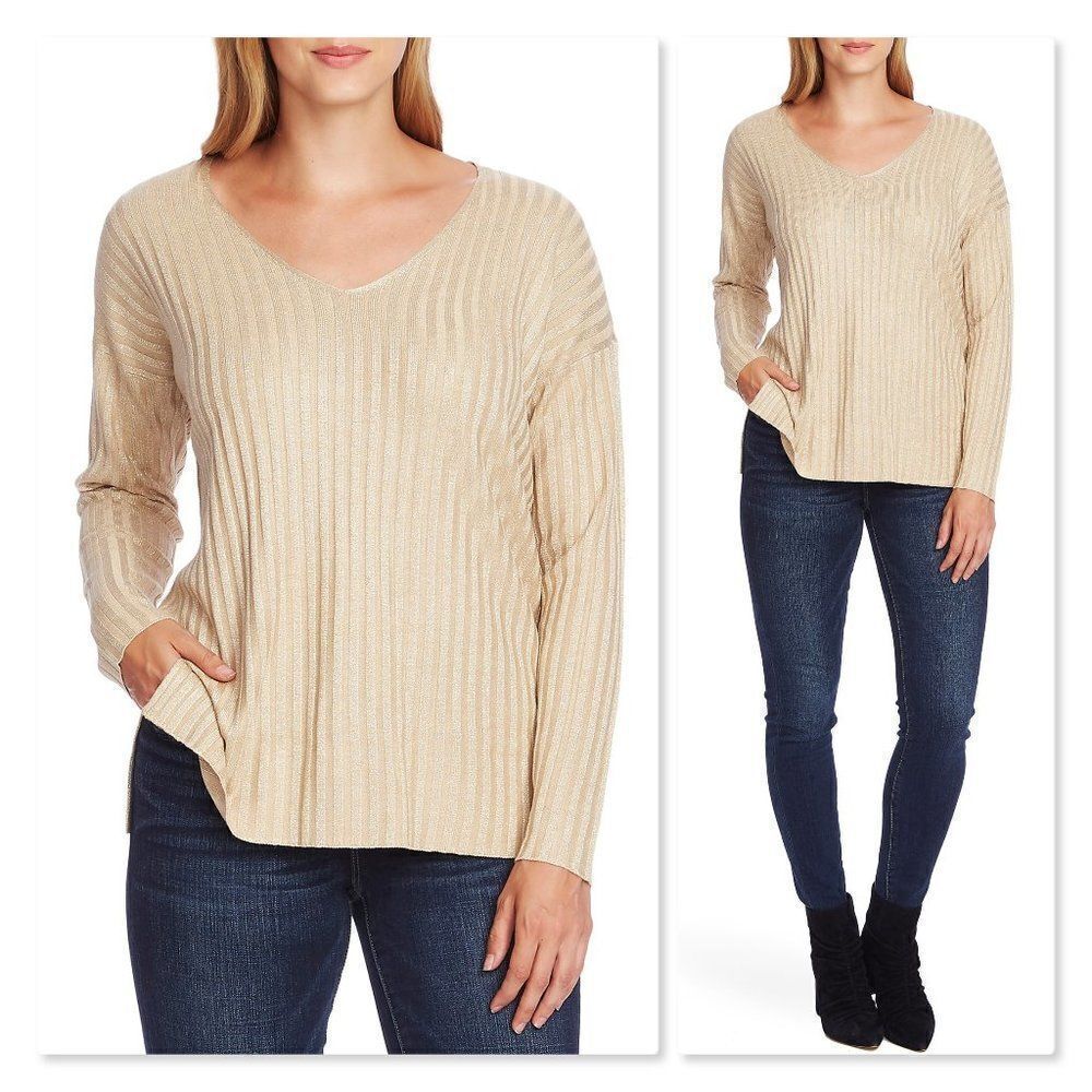 Vince CamutoĀ Metallic Stripe V-Neck SweaterāszāXXS
